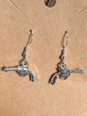 Silver Tone Revolver Pistol Gun Dangle Earrings Western Cowgirl Edgy